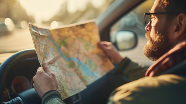 Bearded man reading map inside car during sunny day