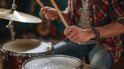 Close-up of a male drummer playing drums with passion
