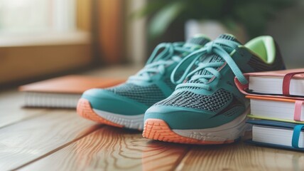 Blue running shoes on wooden floor with colorful notebooks