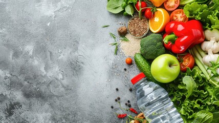 Assortment of fresh healthy food ingredients on a gray background