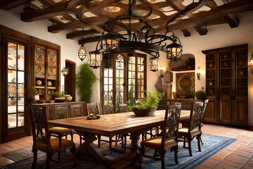 Fototapeta premium A Spanish hacienda-inspired dining room with a wrought-iron chandelier, hand-painted tiles, and a rustic wooden table.