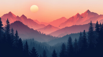 Illustration of sunset over peaceful mountains with pine tree silhouettes in modern monochrome style