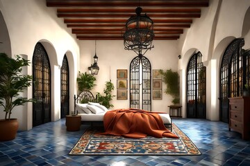 A Spanish villa-inspired bedroom with wrought-iron bedframes, colorful ceramic tiles, and arched doorways.