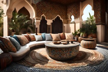A Moroccan-style outdoor lounge with plush cushions, intricately patterned rugs, and a mosaic-tiled coffee table.