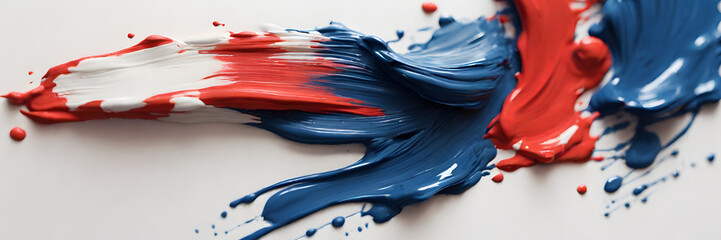 Blue, red, white oil paint, abstract texture on a white background. 3:1 texture banner and...