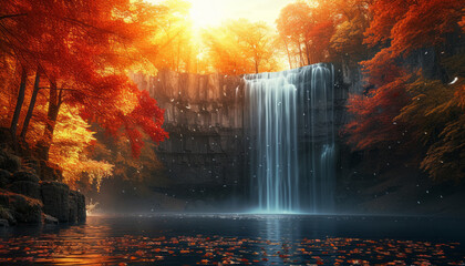 Autumnal Waterfall Serenity with Sunlit Foliage