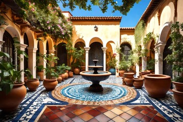Fototapeta na wymiar A Spanish villa-inspired courtyard with a central fountain, wrought-iron furniture, and colorful ceramic tiles.