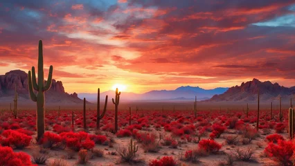 Photo sur Plexiglas Bordeaux Magical scene of a desert sunset where the sky is painted in shades of crimson and burnt orange and casting a surreal glow on the rugged cactus landscape