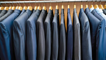 Suits. Clothing Rack. Menswear. Fashion. Tailoring. Wardrobe. Business Attire. Hanging. Formalwear. Mens Fashion. Store Display. Boutique. Elegant. Professional. Style. Garments. AI Generated.