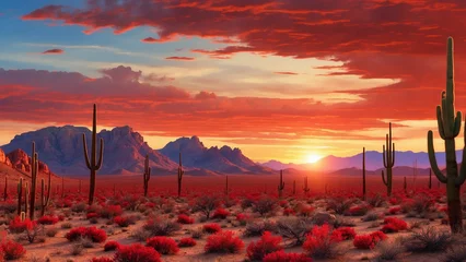  Magical scene of a desert sunset where the sky is painted in shades of crimson and burnt orange and casting a surreal glow on the rugged cactus landscape © mdaktaruzzaman