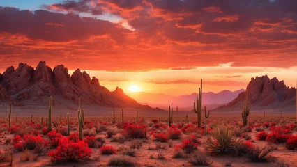 Fotobehang Magical scene of a desert sunset where the sky is painted in shades of crimson and burnt orange and casting a surreal glow on the rugged cactus landscape © mdaktaruzzaman