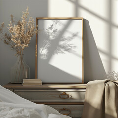 thin a4-sized frame mockup against a bedroom wall