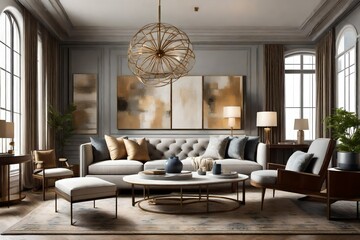 A transitional fusion of traditional and contemporary elements in a living room, blending classic...