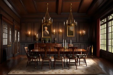 A Colonial Williamsburg-inspired dining room with brass candle sconces, colonial-era furniture, and wood paneling.
