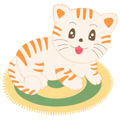 Cartoon cute orange tabby cat lying on the carpet.