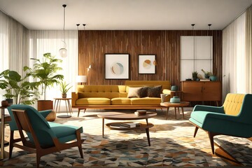 Fototapeta na wymiar A mid-century modern living room with clean lines, iconic furniture, and bold, geometric patterns.