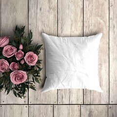 White Pillowcase Mockup Wooden Plank With Decorative Roses