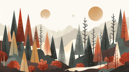Stylized mountain forest at dawn, abstract shapes and warm earth tones, modern nature illustration on canvas