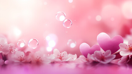 Fototapeta premium Valentine's Day and spring. Pink heart and cherry blossom flowers on floor with pink blurred bokeh background. Digital greeting card, Banner, Web poster for Anniversary, Birthday, Wedding, Romantic.
