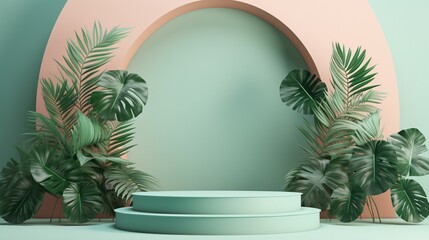 A sleek, contemporary 3D podium, punctuated by leafy adornments, takes center stage. The pastel background transitions from a soft peach to a gentle seafoam green