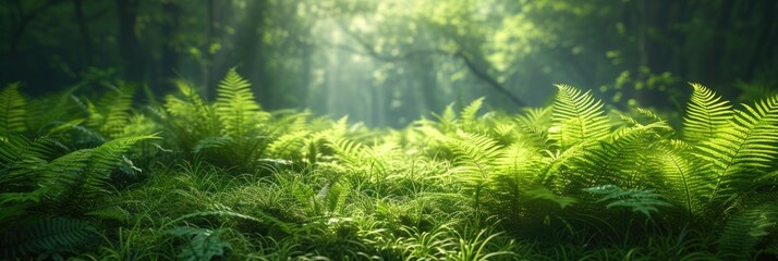 A summer vibe in woods lots of fern and other leaves are growing with sunshine and space, Generative AI.