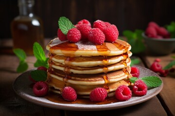 tortillas, pancakes with raspberries, pastries, flour products. nutritious food, snack.