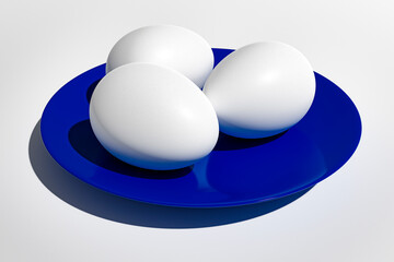 Chicken eggs lie in a ceramic plate on a white background.