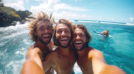 Happy buddies are posing for a selfie in the sea with the backdrop of blue, misty ocean, Generative AI.