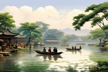 Obraz premium illustration of a Chinese landscape in the style of old chinese painting