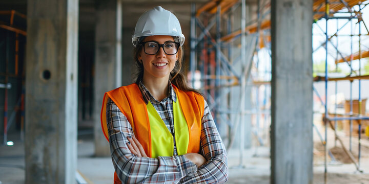 Portrait of smiling female building engineer construction worker technician architect on site wearing safety helmet hard hat, high vis vest. Manufacturing technology job concept. Copy paste