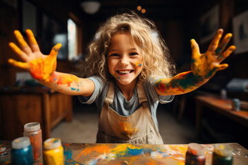 Creative kid art courses concept. Laughing elementary school child with stained shirt and dirty face on room background looking into the camera with playful look, looking into camera