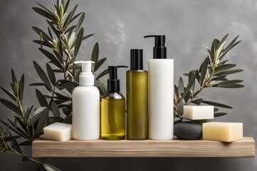 Elevate your spa vibes with a serene display of cosmetic products, shampoo, lotion, soap boxes, and olive tree branches on a stylish stone podium.