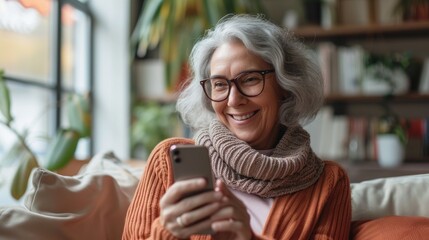 Mature Woman using smartphone sitting on couch with a fee space for text, Generative AI.