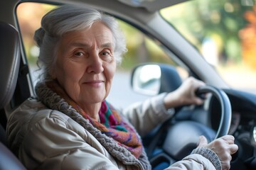 Happy and smiling senior woman in car, student, driving lessons, portrait