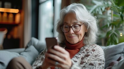 Mature Woman using smartphone sitting on couch with a fee space for text, Generative AI. - obrazy, fototapety, plakaty