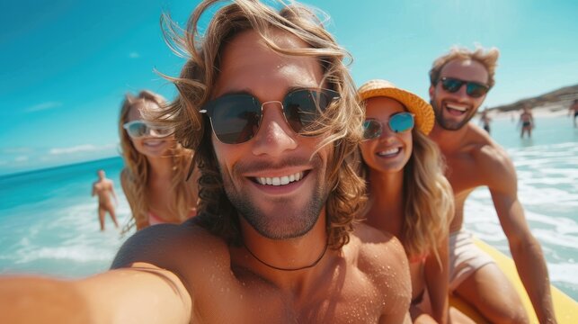 Happy surfing friends are taking selfie in sea with blue blurry sea in backdrop, Generative AI.