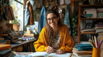 Portrait of a happy fashion designer working in her workshop with empty space, Generative AI.