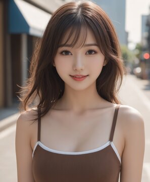 Asian Woman With A Tan Bra Top On A City Street With Buildings In The Background