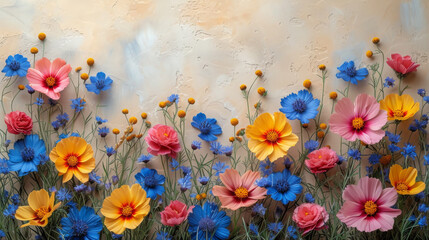 Kaleidoscope of Wildflowers on Plastered Wall in Soft Light