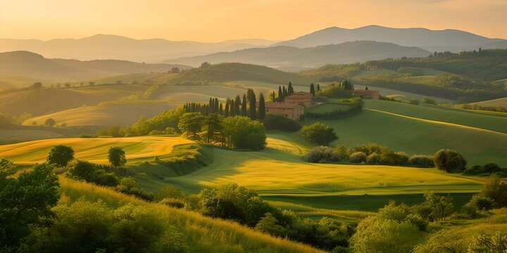 Serene tuscan hills at sunrise, picturesque countryside landscape, warm light bathing rolling fields. peaceful nature scene ideal for relaxation and wall art. AI
