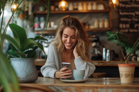 Portrait of a cheerful woman using phone in coffee shop with empty space, Generative AI.