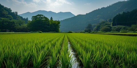 Lush green rice fields stretch towards misty mountains under a clear sky. peaceful natural landscape, perfect for calm backgrounds and environmental themes. AI