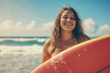 Portrait of a healthy woman doing surfing in summer day with water splashes and empty space, Generative AI
