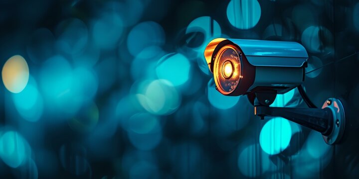 Illuminated security camera on a dark blurred background, conceptual image of surveillance, modern digital technology and protection. AI
