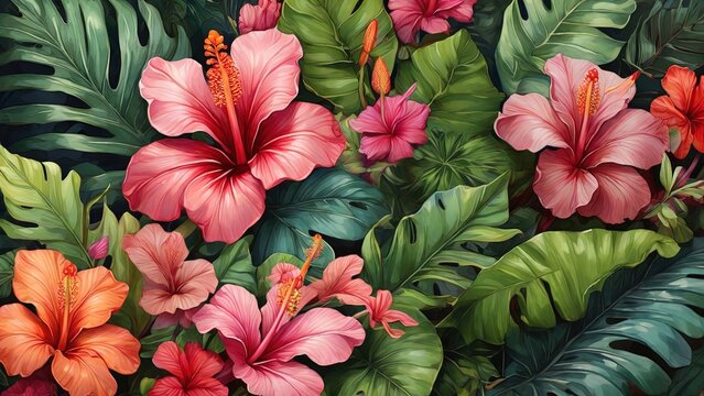 Vibrant tropical floral design, featuring detailed illustrations of pink hibiscus flowers and lush green foliage; ideal for fabric prints, wall art