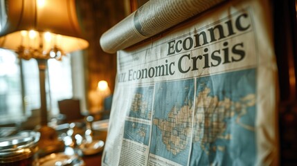 A newspaper written with economic crisis with a cityscape backdrop, Generative AI.