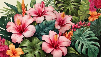 Vibrant tropical floral design, featuring detailed illustrations of pink hibiscus flowers and lush green foliage; ideal for fabric prints, wall art