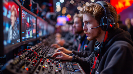 A man wearing a headset and talking on a phone in a call.