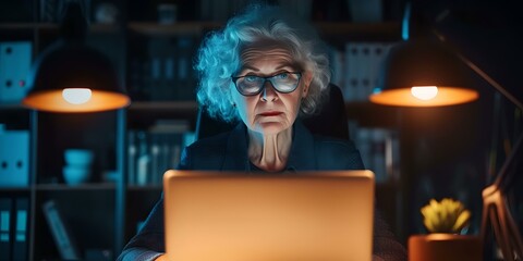 Elderly scholar concentrates on laptop research late at night. luminescent hues enhance focus. academic pursuit captured. AI - obrazy, fototapety, plakaty