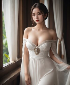 asian bride in a white wedding dress posing for a picture